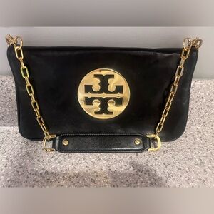 Authentic Tory Burch “Reva” Black Leather Fancy Shoulder Bag